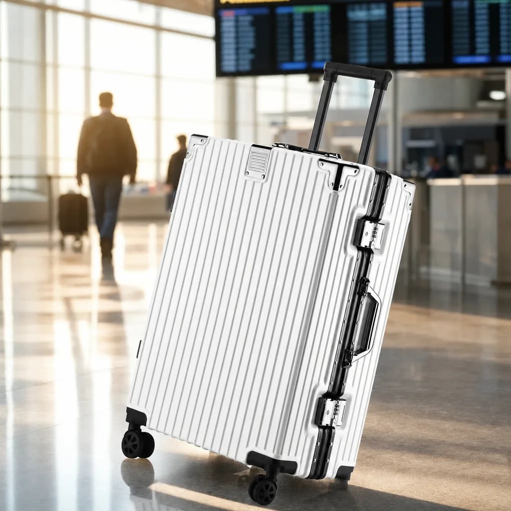 20-inch aluminum frame carry-on luggage in a bright airport terminal